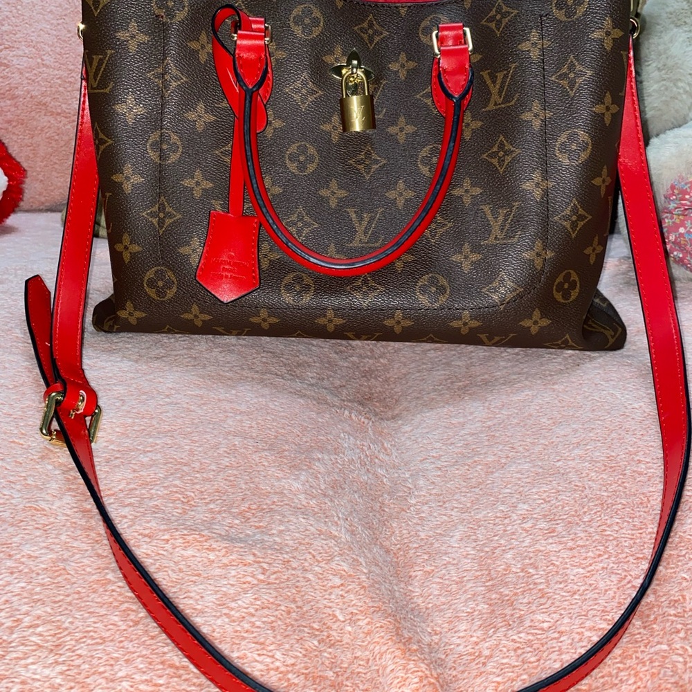 Louis Vuitton Brown and Red Shoulder Bag with Flower Monogram Canvas